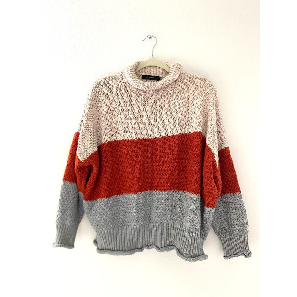 Fashion Colorblock Chunky Knit Oversized Gray Orange Beige Sweater Size XL